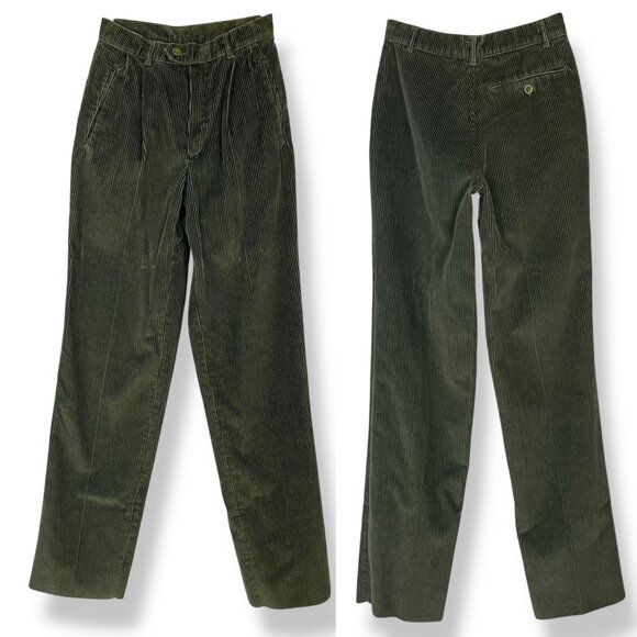 Vintage Benneton Corduroy Pants Women Straight Leg Unhemmed Olive Green Slacks - Picture 1 of 12